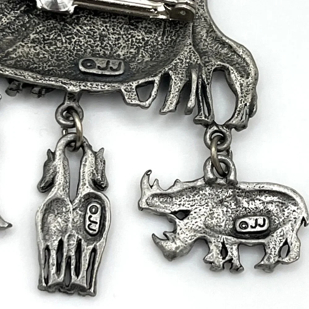Vintage Pewter JJ Jonette Noah's Ark Brooch Pin Animal Dangles Charms Camel Lion